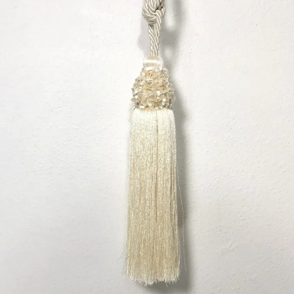 4 Large Drapery Curtain Tiebacks 11”Tassel 16”Rope Ivory Victorian Fairy Whimsy